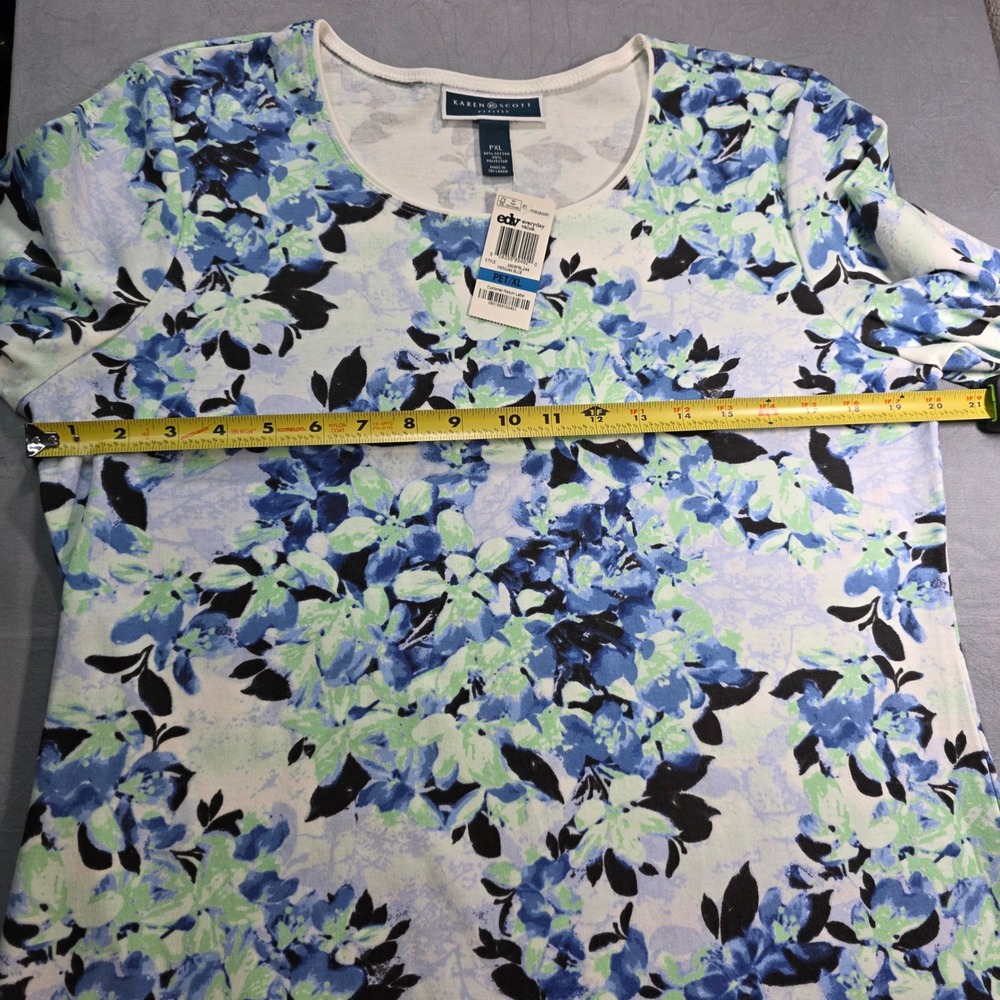 Karen Scott Petites Floral Scoop Neck 3/4 Sleeve Top Persian Blue PXL New - Picture 3 of 6